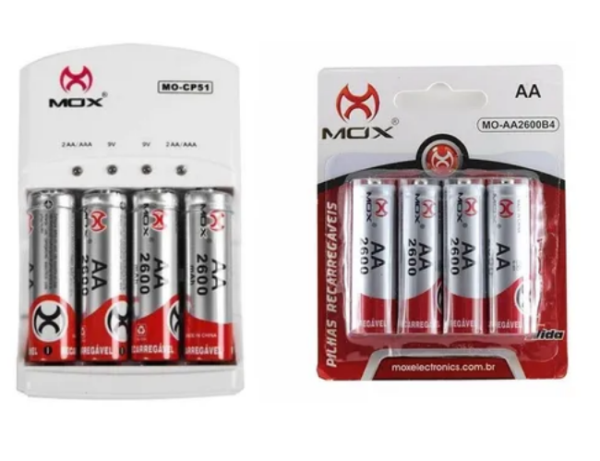 8 Pilhas Recarregáveis Mox Aa 2600 Mah + Carregador Rápido